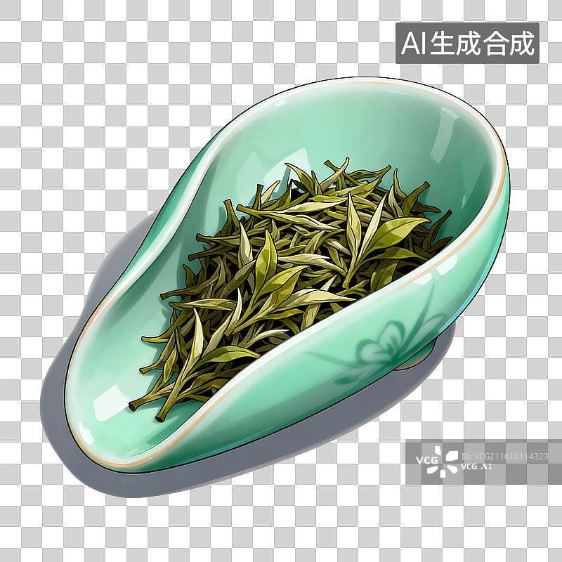 【AI数字艺术】国风手绘插画，茶则里的茶叶，绿叶，茶叶，茶树，叶子，绿茶，春茶，茶道，茶文化免抠元素图片素材