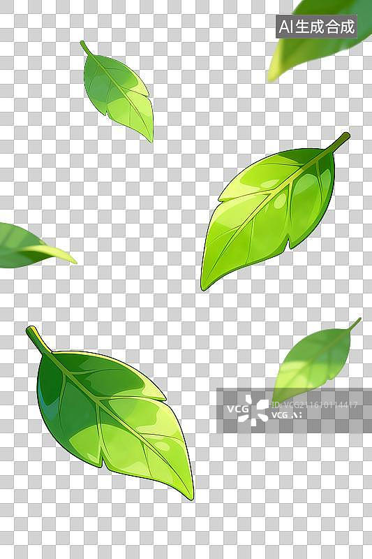 【AI数字艺术】国风手绘插画，纷飞的叶子，绿叶，茶叶，春天，传统图案花纹，免抠素材图片素材