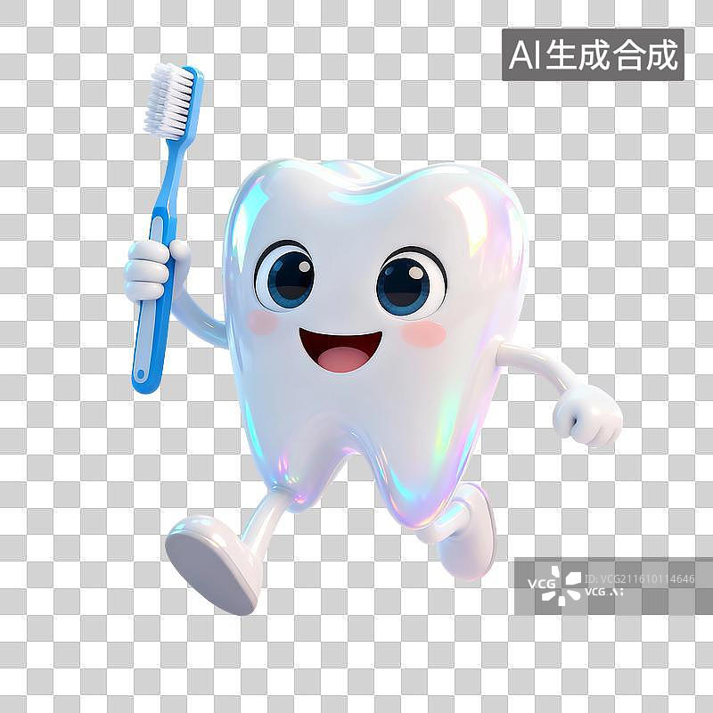 【AI数字艺术】3D渲染可爱的卡通拟人牙齿，漱口，牙齿清洁免抠元素图片素材
