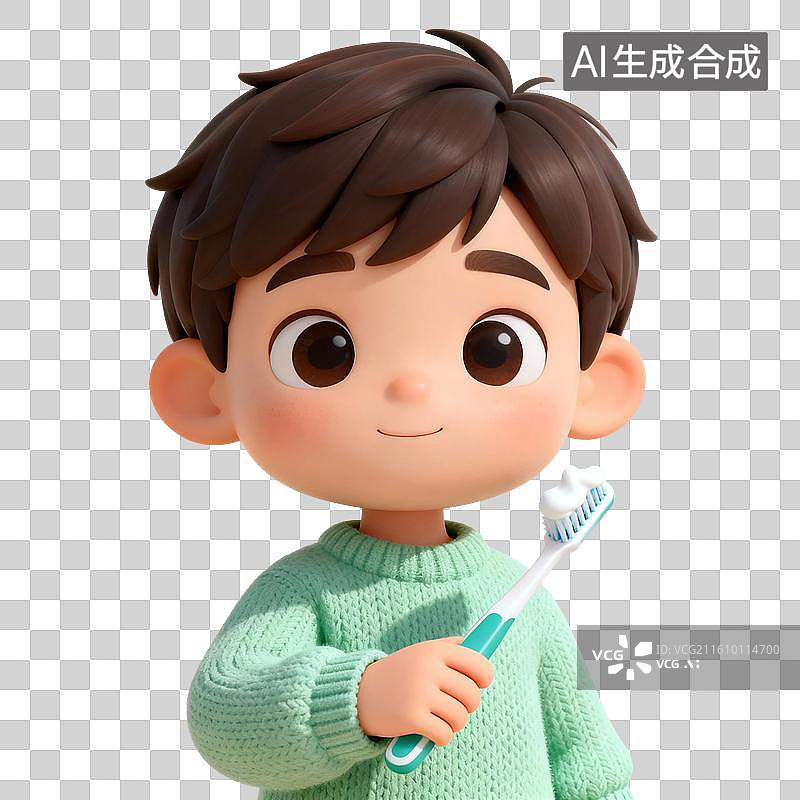 【AI数字艺术】3D渲染卡通人物，刷牙的儿童，牙齿，漱口，牙齿清洁免抠元素图片素材