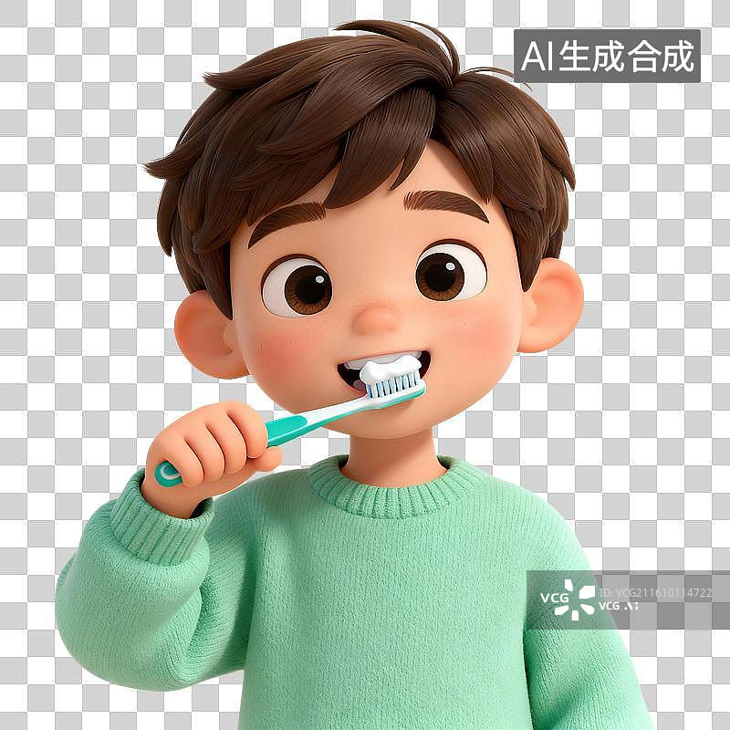 【AI数字艺术】3D渲染卡通人物，刷牙的儿童，牙齿，漱口，牙齿清洁免抠元素图片素材