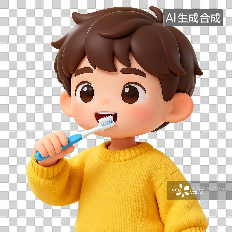 【AI数字艺术】3D渲染卡通人物，刷牙的儿童，牙齿，漱口，牙齿清洁免抠元素图片素材