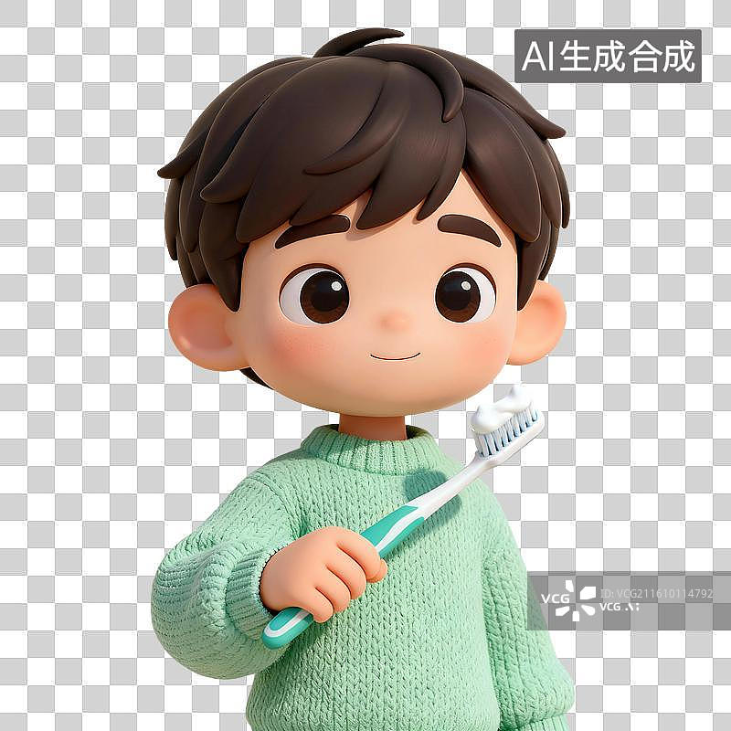 【AI数字艺术】3D渲染卡通人物，刷牙的儿童，牙齿，漱口，牙齿清洁免抠元素图片素材
