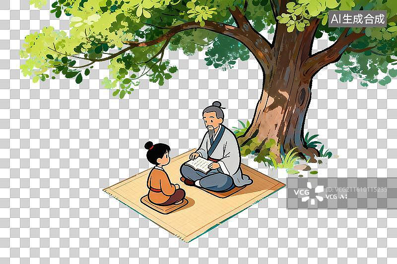 【AI数字艺术】卡通风格，大树下，老师与学生盘腿而坐PNG格式的免扣元素图片素材