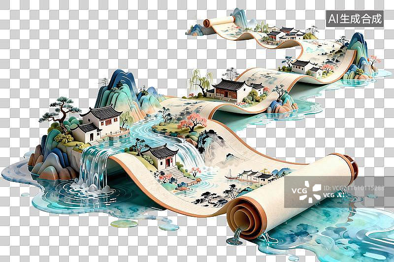 【AI数字艺术】卡通风格，卷轴上一副美丽的江南水乡美丽景色PNG格式的免扣元素图片素材