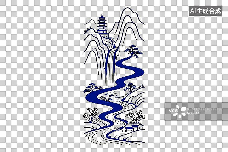 【AI数字艺术】国潮风，山谷间的一条蜿蜒的小溪PNG格式的免扣元素图片素材