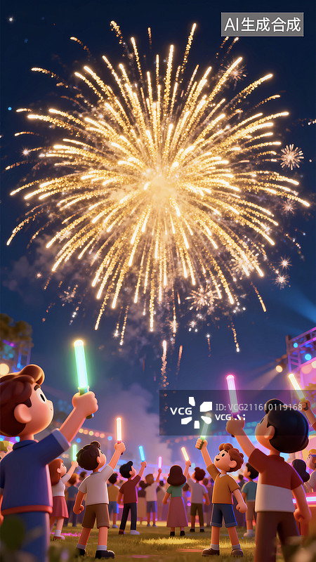 【AI数字艺术】庆祝新年传统节日习俗放烟花场景插画图片素材