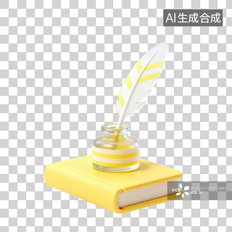 【AI数字艺术】3D磨砂玻璃材质教育主题语文课教科书上的钢笔水和羽毛笔元素图片素材
