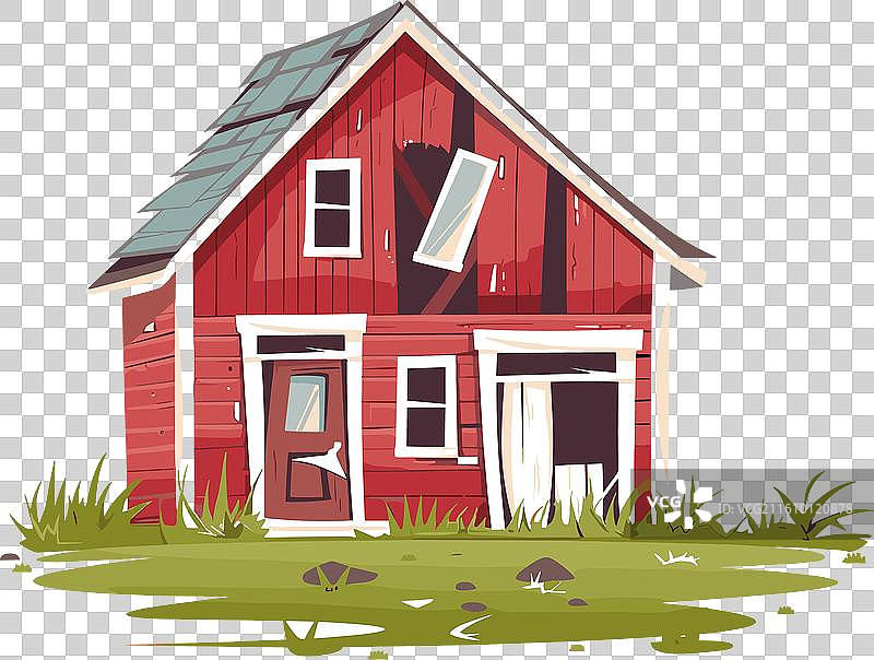 红色的谷仓，荒废破败，四周长满野草图片素材