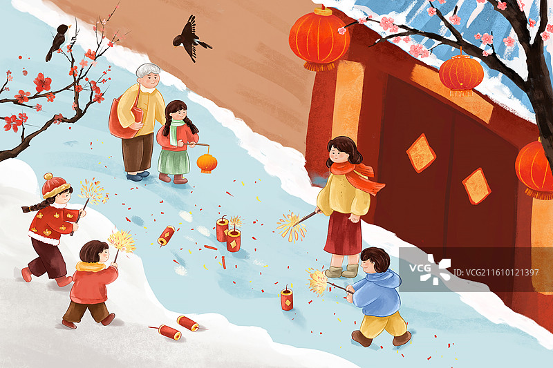 2026马年春节年画 一群孩子欢快地在家门口放鞭炮玩烟花，大雪覆盖下的房屋，元旦新年喜庆氛围 横版图片素材