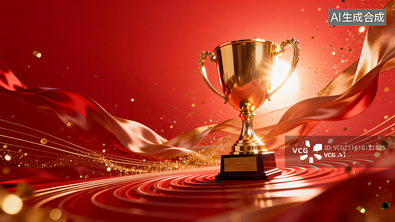 【AI数字艺术】金色奖杯荣耀时刻与红色背景图片素材