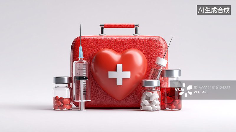 【AI数字艺术】浅灰背景下的急救箱与医疗用品展示场景图片素材