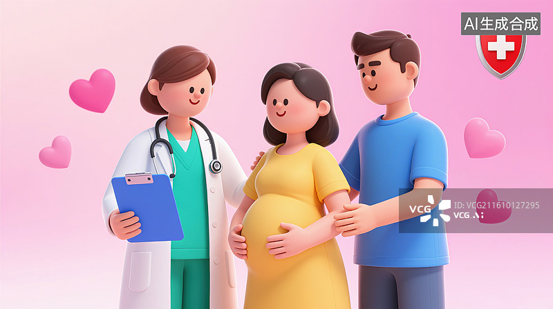 【AI数字艺术】3D三维卡通怀孕母婴胎儿生命健康民生保险保障医生医院孕妇图片素材