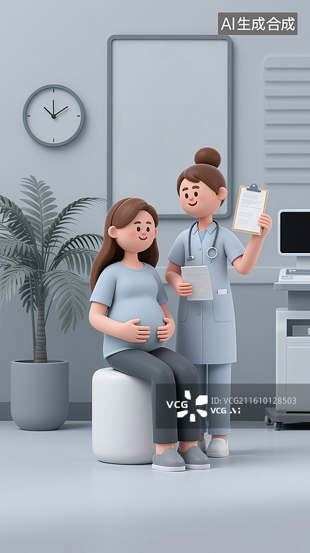 【AI数字艺术】3D三维卡通护士医生给怀孕的女子做检查母婴生命健康民生保险保障医院图片素材