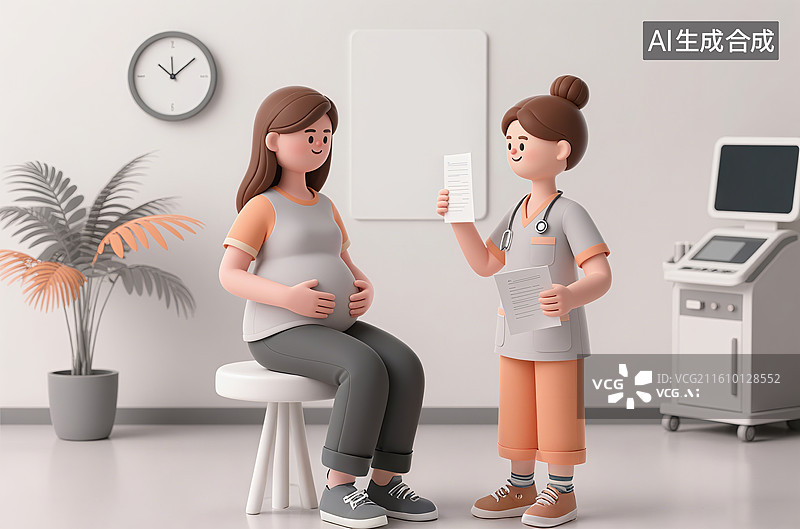 【AI数字艺术】3D三维卡通护士医生给怀孕的女子做检查母婴生命健康民生保险保障医院图片素材