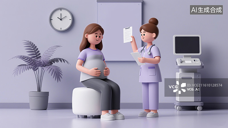 【AI数字艺术】3D三维卡通护士医生给怀孕的女子做检查母婴生命健康民生保险保障医院图片素材
