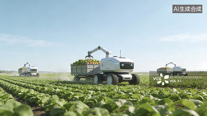 【AI数字艺术】智能农业机器人田间收获作物图片素材