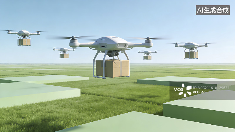 【AI数字艺术】无人机在绿色景观投递包裹图片素材