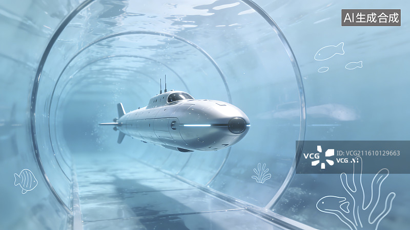 【AI数字艺术】潜艇穿行水下玻璃隧道图片素材