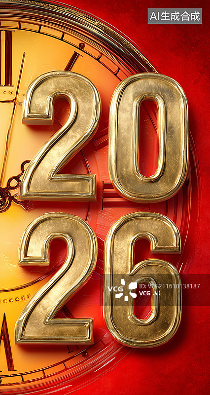 【AI数字艺术】2026金色时钟数字图图片素材