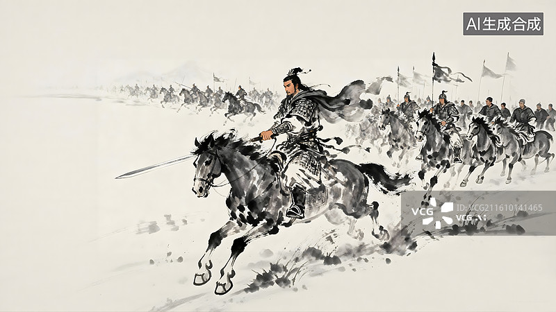 【AI数字艺术】AIGC:国风水墨画，古代战场上骑在马背上冲锋的将军，背景插图图片素材