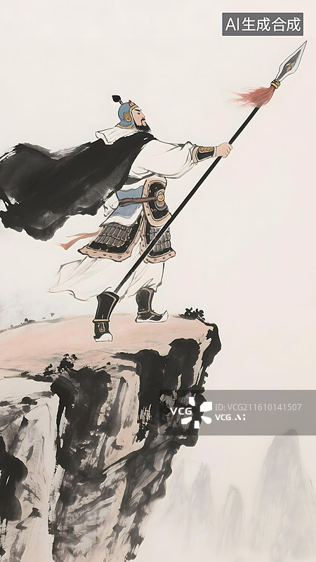 【AI数字艺术】AIGC:国风水墨画，古代将军手拿长矛，站在山顶向前看，背景插图图片素材