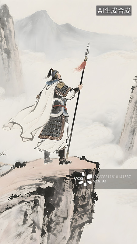 【AI数字艺术】AIGC:国风水墨画，古代将军手拿长矛，站在山顶向前看，背景插图图片素材