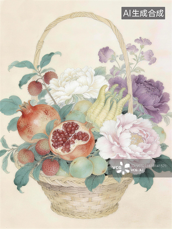 【AI数字艺术】一篮子水果和鲜花图片素材