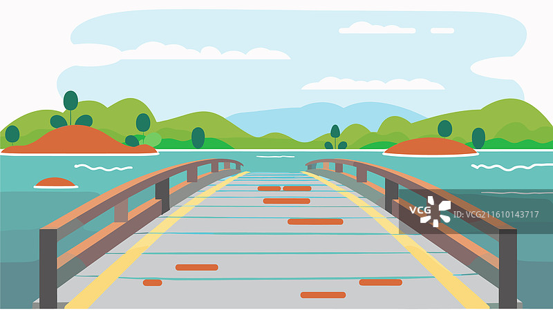 木桥横跨河流，通往青山图片素材