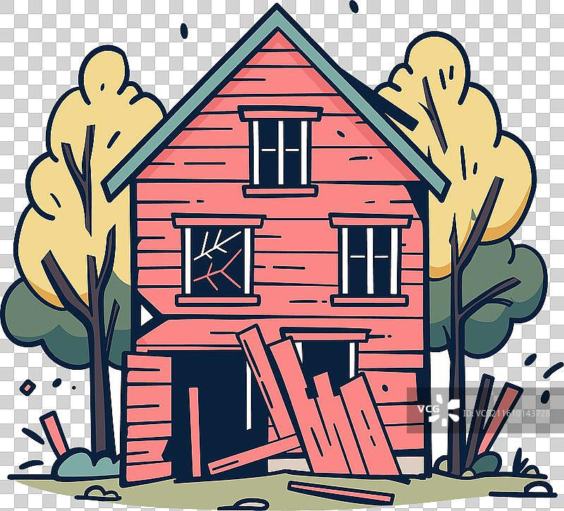 废弃的红房子，破碎的窗户，破败不堪图片素材