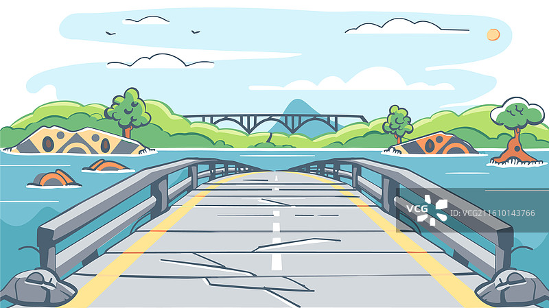 木制码头俯瞰平静的河流，天空晴朗，阳光明媚图片素材