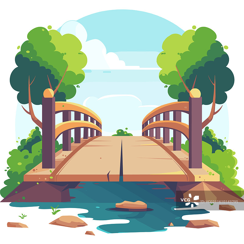 郁郁葱葱的植被环绕着宁静的河流，河上有一座木桥。图片素材