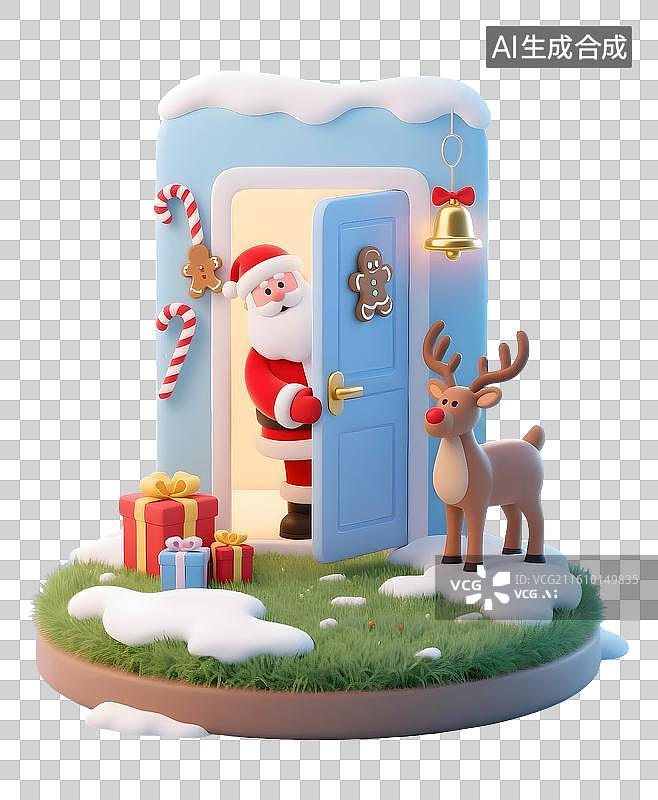【AI数字艺术】AIGC：圣诞老人打开门送礼物，圣诞节装饰，元素，免抠图图片素材