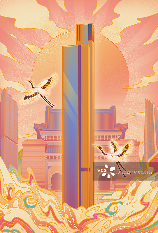 南京城市印象明孝陵夫子庙青奥双子塔总统府中山陵紫峰大厦河西金融城宣传文旅国潮风插画图片素材