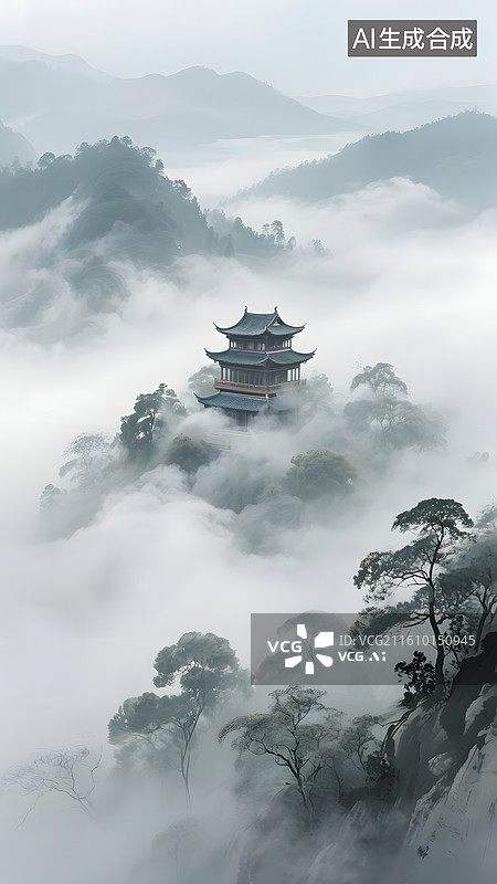 【AI数字艺术】中国风极简深林清晨云雾朦胧画图片素材