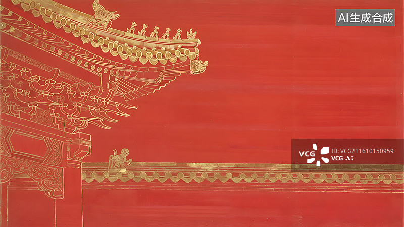 【AI数字艺术】工笔线描红金国画，中国传统建筑斗拱结构图片素材