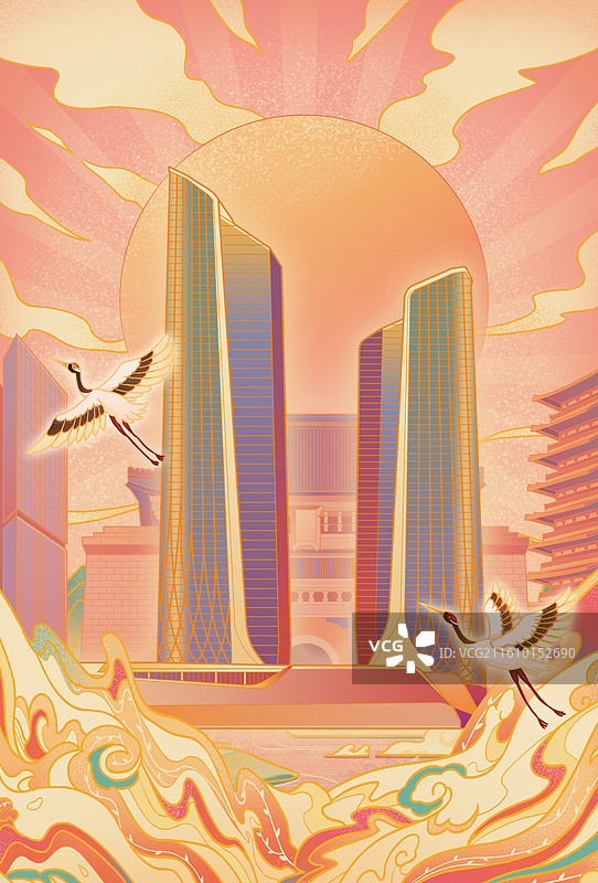 南京城市印象青奥双子塔明孝陵夫子庙总统府中山陵紫峰大厦德基广场宣传文旅国潮风插画图片素材