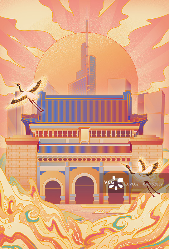 南京城市印象中山陵总统府明孝陵玄武湖夫子庙紫峰大厦金鹰世界宣传文旅国潮风插画图片素材