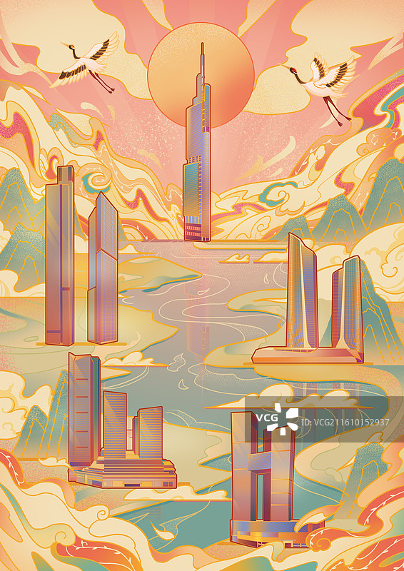 南京青奥夫子庙紫峰大厦金鹰世界中山陵河西金融城国金中心大气国风城市宣传文旅国潮风插画本图片素材