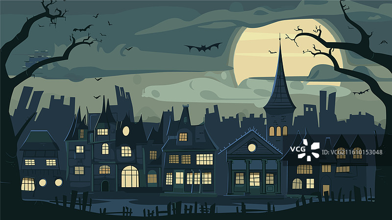 月圆之夜，阴森的哥特式宅邸，漆黑的天空图片素材