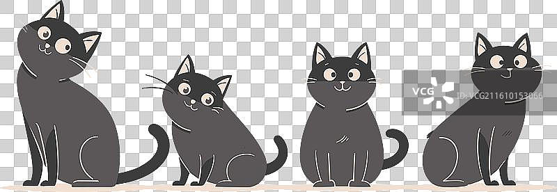 四只黑白卡通猫并排站立图片素材