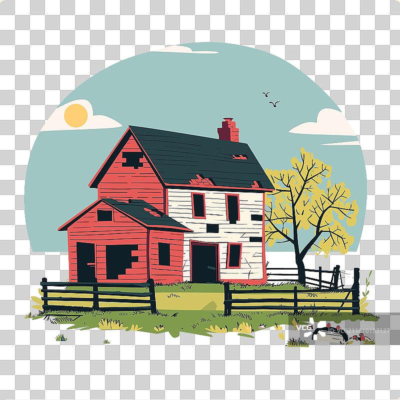 秋季，被大自然环绕的红色农舍图片素材