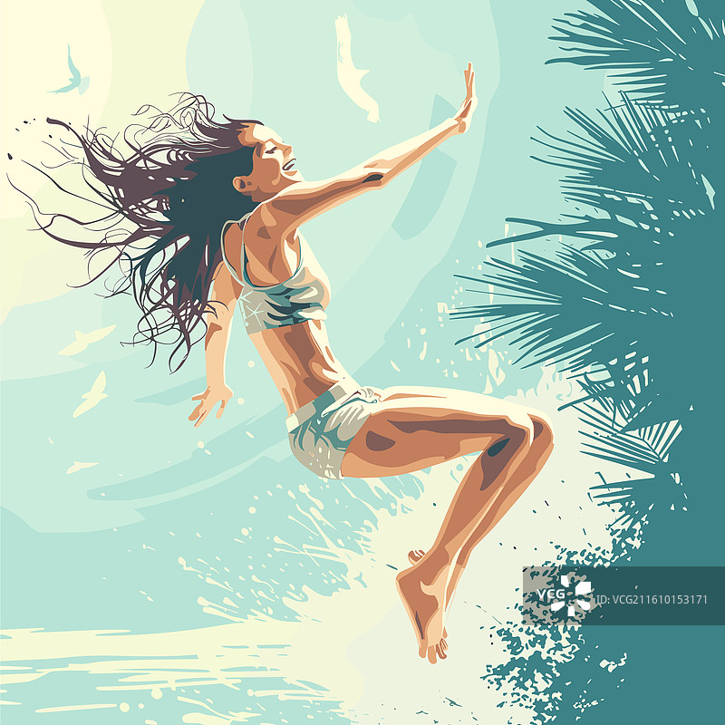 年轻女子跃入热带棕榈树附近的水中图片素材