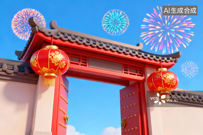 【AI数字艺术】中国传统门坊烟花绽放图片素材