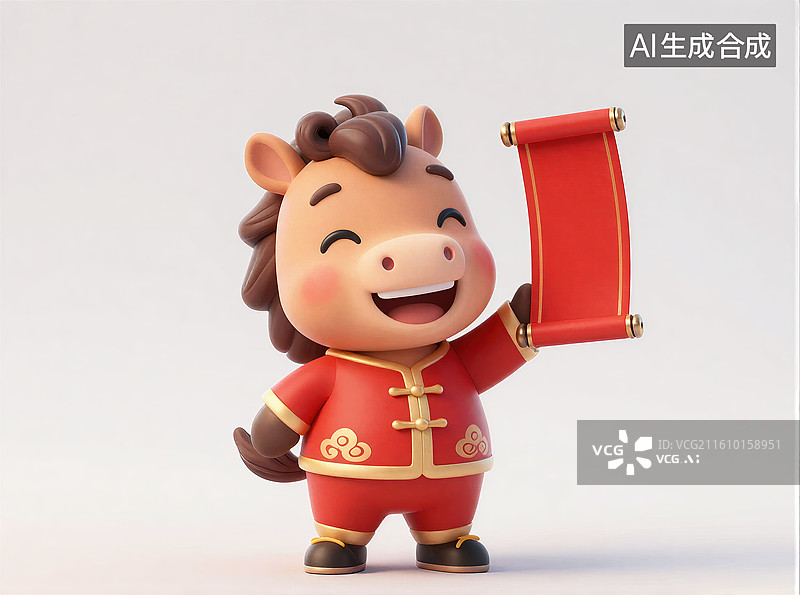 【AI数字艺术】生肖马年春节吉祥物手持春联图片素材