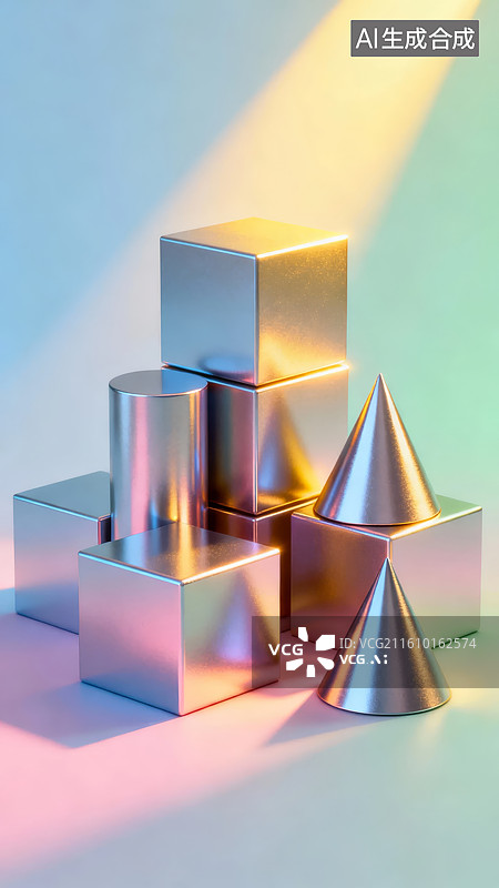 【AI数字艺术】金属几何体光影艺术装置图片素材