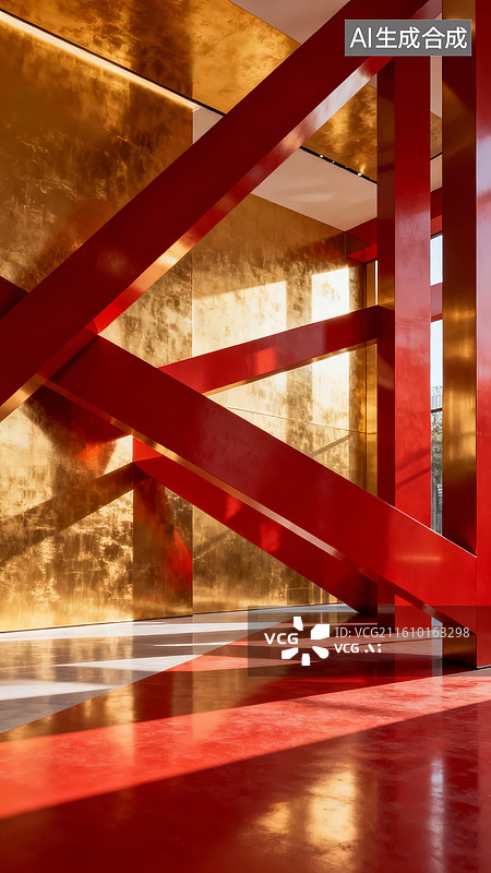 【AI数字艺术】红色结构与金色墙面的光影艺术图片素材