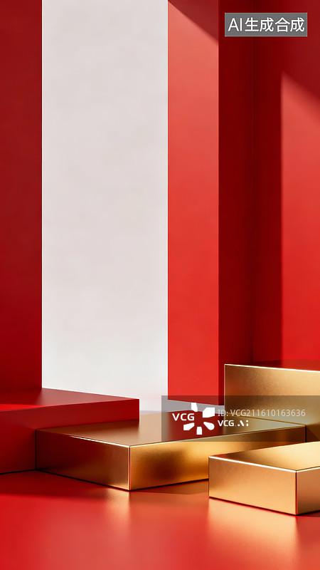 【AI数字艺术】红白金三色几何抽象场景图片素材