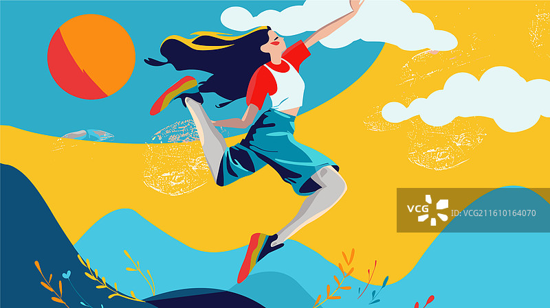 年轻女子在山丘大自然中快乐地跳跃图片素材