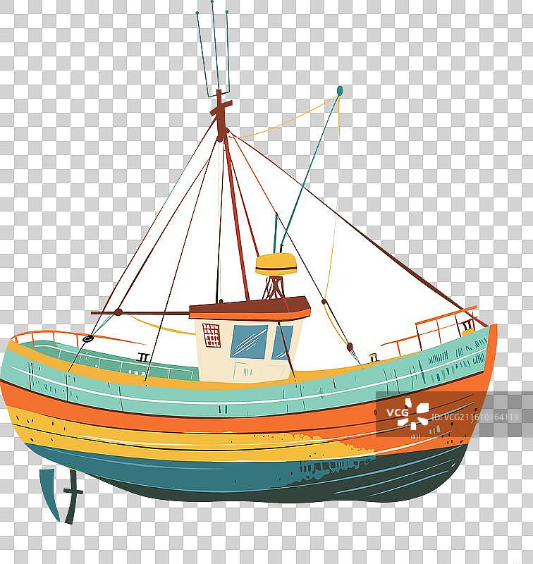 侧视图的渔船，船体色彩鲜艳明亮图片素材